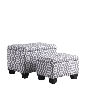 17" Gray And White Polyester Blend And Black Tufted Storage Ottoman