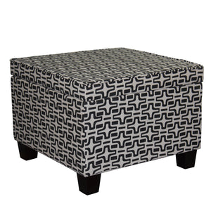 25" Black And White Polyester Blend And Black Geometric Storage Ottoman