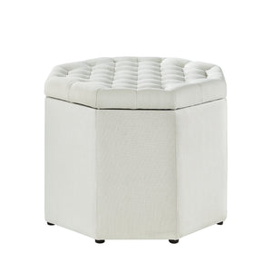 25" White Linen And Black Tufted Specialty Storage Ottoman