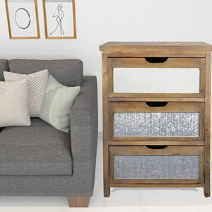 Rustic Brown Wood and Galvanized Metal End Table With Three Drawers 30"