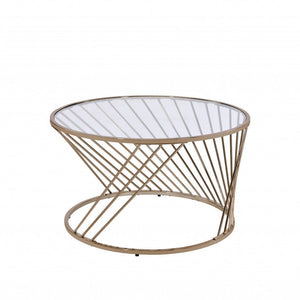 32" Champagne And Clear Glass And Metal Round Coffee Table