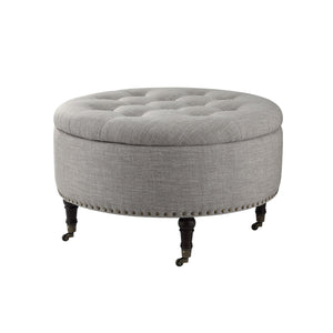 32" Grey 100% Linen With Caster Tufted Round Storage Ottoman