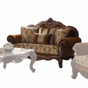 Tapizado de tela de roble cerezo, asiento de dos plazas con moldura de madera, 4 almohadas de 37" x 69" x 46"