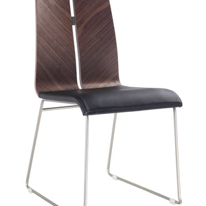 Set Of Two Silver Natural Walnut And Black Faux Leather Solid Back Dining Chairs
