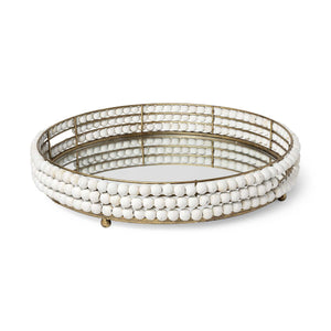 Gold Metal With Wooden Bead Frame And Mirrored Glass Bottom Round Tray 21"