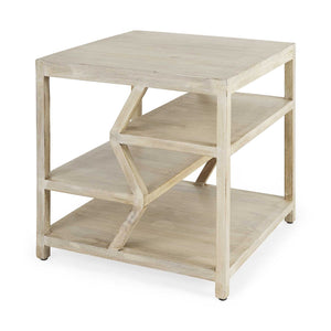 Mesa auxiliar cuadrada de madera marrón claro con estante de varios niveles