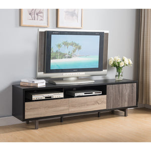Elegante gabinete de consola de TV negro con detalles en gris oscuro y gris envejecido