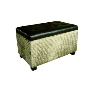 Banco de almacenamiento de terciopelo beige ondulado y cuero sintético negro