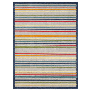 8' X 10' Ivory And Blue Striped Stain Resistant Indoor Outdoor Area Rug