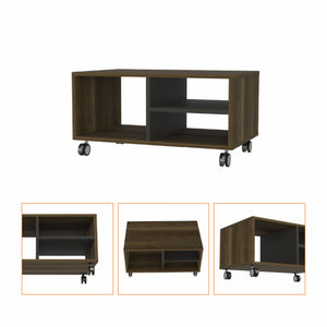 Mesa de centro rectangular abierta de nogal y negro de 32" con tres estantes