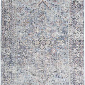 Light Grey And Blue Oriental Power Loom Distressed Washable Area Rug - 4' X 6'