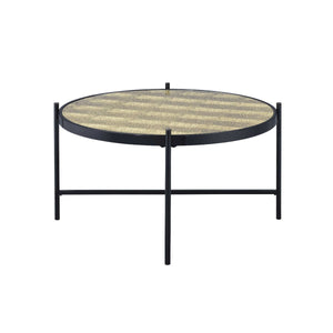 Mesa de centro redonda de madera manufacturada y vidrio negro y dorado de 35"