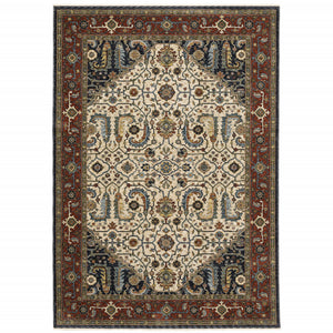 Ivory Beige Red Blue Gold Green And Navy Oriental Power Loom Stain Resistant Area Rug With Fringe - 6' x 9'