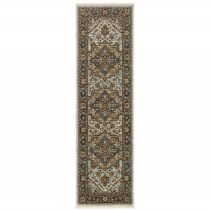 2' X 8' Ivory Beige Blue Orange Gold Green Grey And Rust Oriental Power Loom Stain Resistant Runner Rug With Fringe