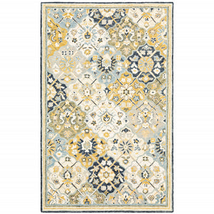 Blue Green Gold Navy And Ivory Geometric Tufted Handmade Stain Resistant Area Rug - 5' x 8'