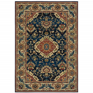 10' X 13' Blue Red And Beige Oriental Power Loom Stain Resistant Area Rug