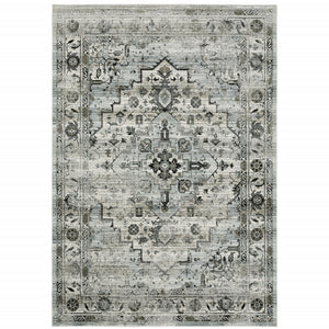 10' X 13' Ivory Grey Charcoal Blue And Taupe Oriental Power Loom Stain Resistant Area Rug