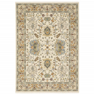 8' X 11' Ivory Oriental Power Loom Stain Resistant Area Rug With Fringe