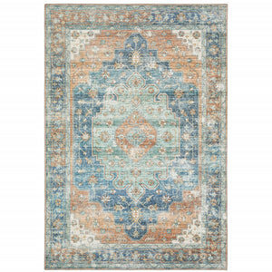 Orange Blue Teal Green And Beige Oriental Power Loom Stain Resistant Area Rug - 8' x 10'