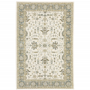 3' X 5' Ivory Grey And Blue Oriental Power Loom Stain Resistant Area Rug
