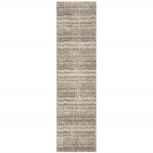 2' X 10' Ivory Grey Tan And Brown Abstract Power Loom Stain Resistant Runner Rug