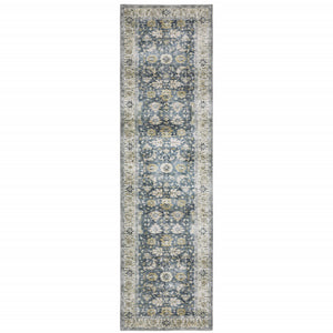 2' X 8' Blue Gold Green And Ivory Oriental Printed Stain Resistant Non Skid Runner Rug