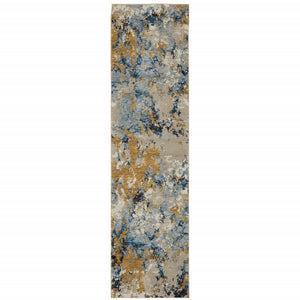 2' X 10' Gold Grey And Ivory Abstract Power Loom Stain Resistant Runner Rug