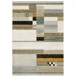 9' X 12' Beige Gold Black Grey Tan Teal And Rust Geometric Power Loom Area Rug