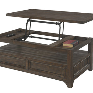 Mesa de centro rectangular de madera maciza color moca oscuro de 48" con almacenamiento superior elevable