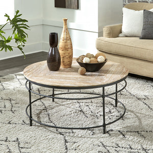 Mesa de centro envejecida redonda de madera de mango lavada en negro y rústico de 38"