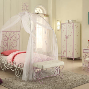85" X 56" X 88" Full White And Light Purple Metal Tube Bed With Canopy