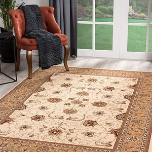 Cream and Tan Ornate Border Runner Rug - 2’ x 10’