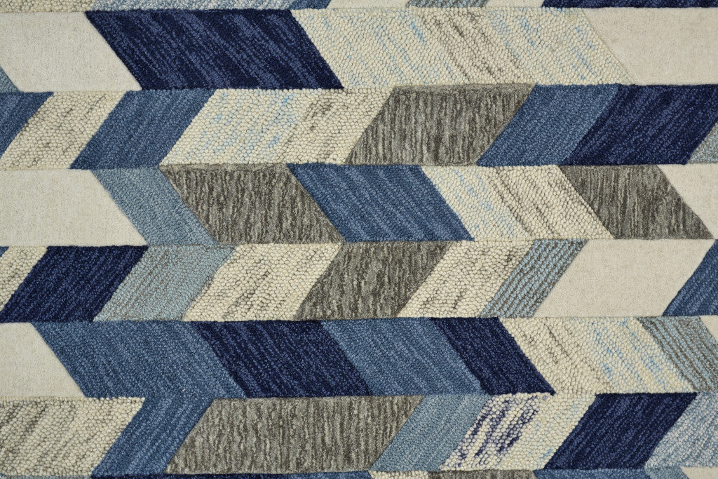 Blue Ivory And Gray Wool Geometric Tufted Handmade Area Rug - 4' x 6'