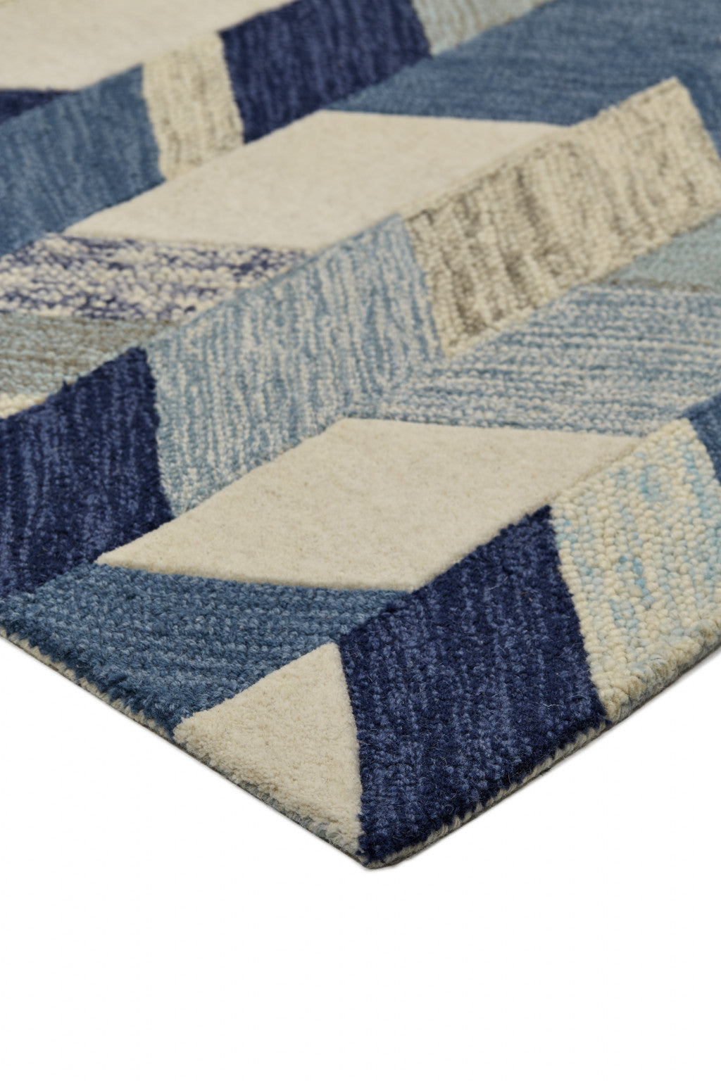 Blue Ivory And Gray Wool Geometric Tufted Handmade Area Rug - 4' x 6'
