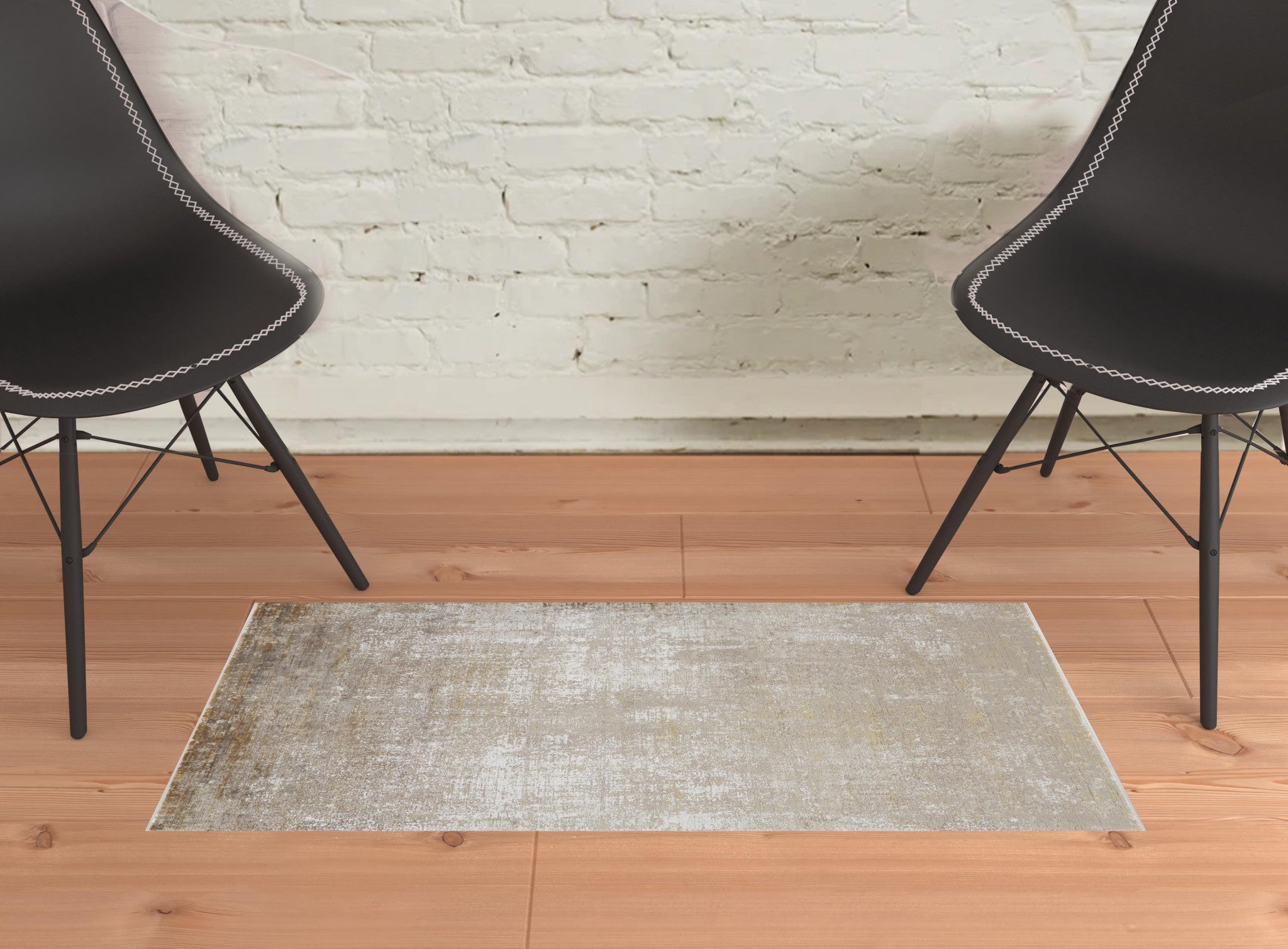 3' X 5' Taupe Ivory And Gold Abstract Power Loom Distressed Area Rug With Fringe
