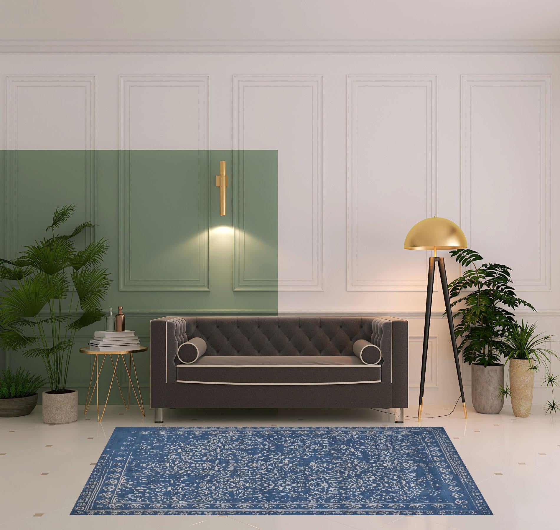 Blue And Silver Wool Floral Tufted Handmade Distressed Area Rug - 5' x 8'