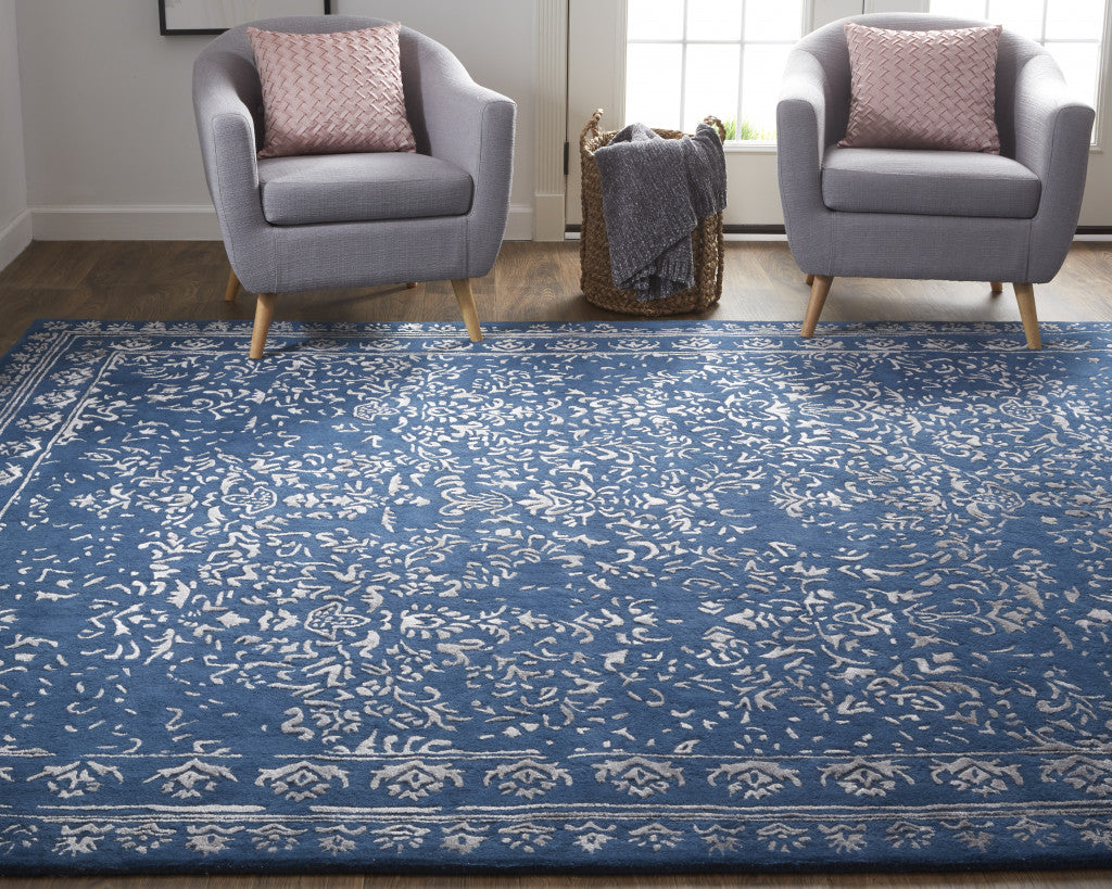 Blue And Silver Wool Floral Tufted Handmade Distressed Area Rug - 5' x 8'