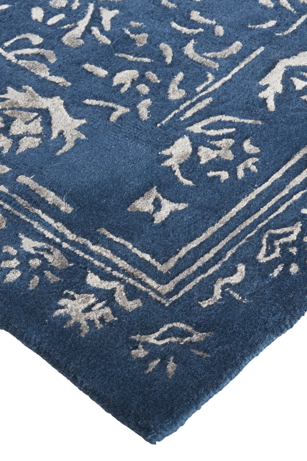 Blue And Silver Wool Floral Tufted Handmade Distressed Area Rug - 5' x 8'