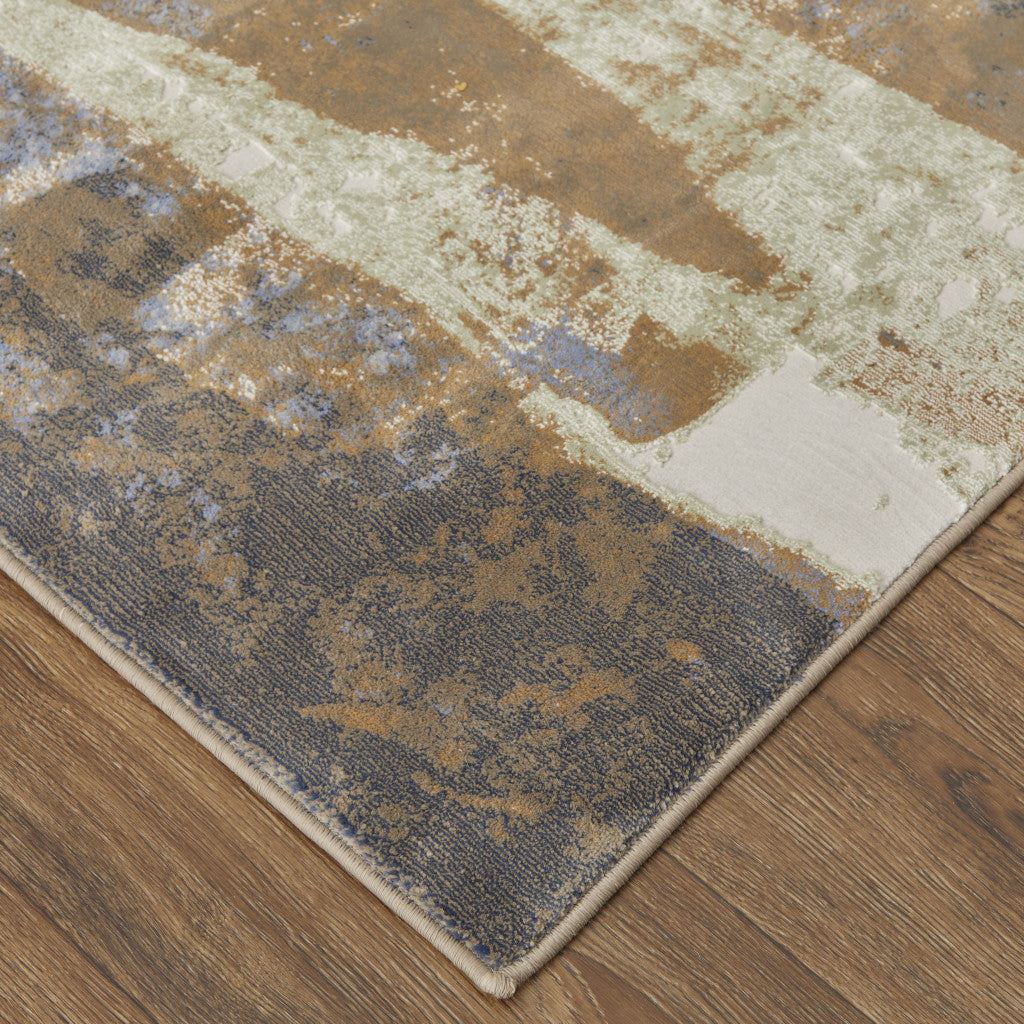 Blue Gray And Tan Abstract Power Loom Distressed Area Rug - 4' x 6'