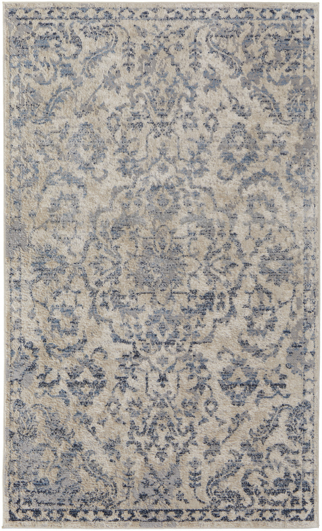 4' X 6' Blue Gray And Ivory Floral Power Loom Distressed Area Rug