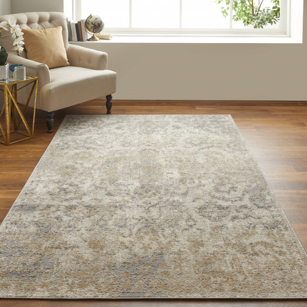 4' X 6' Blue Gray And Ivory Floral Power Loom Distressed Area Rug