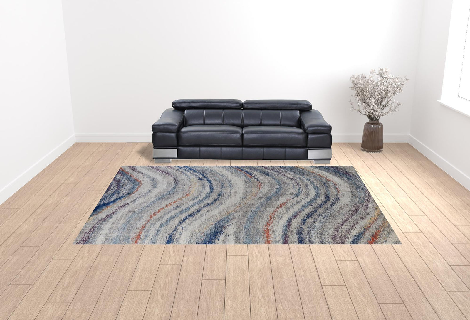 3' X 5' Blue Gray And Orange Abstract Power Loom Stain Resistant Area Rug