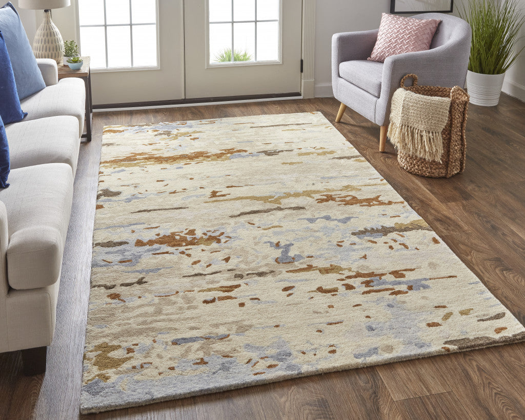 4' X 6' Tan And Blue Wool Abstract Tufted Handmade Stain Resistant Area Rug
