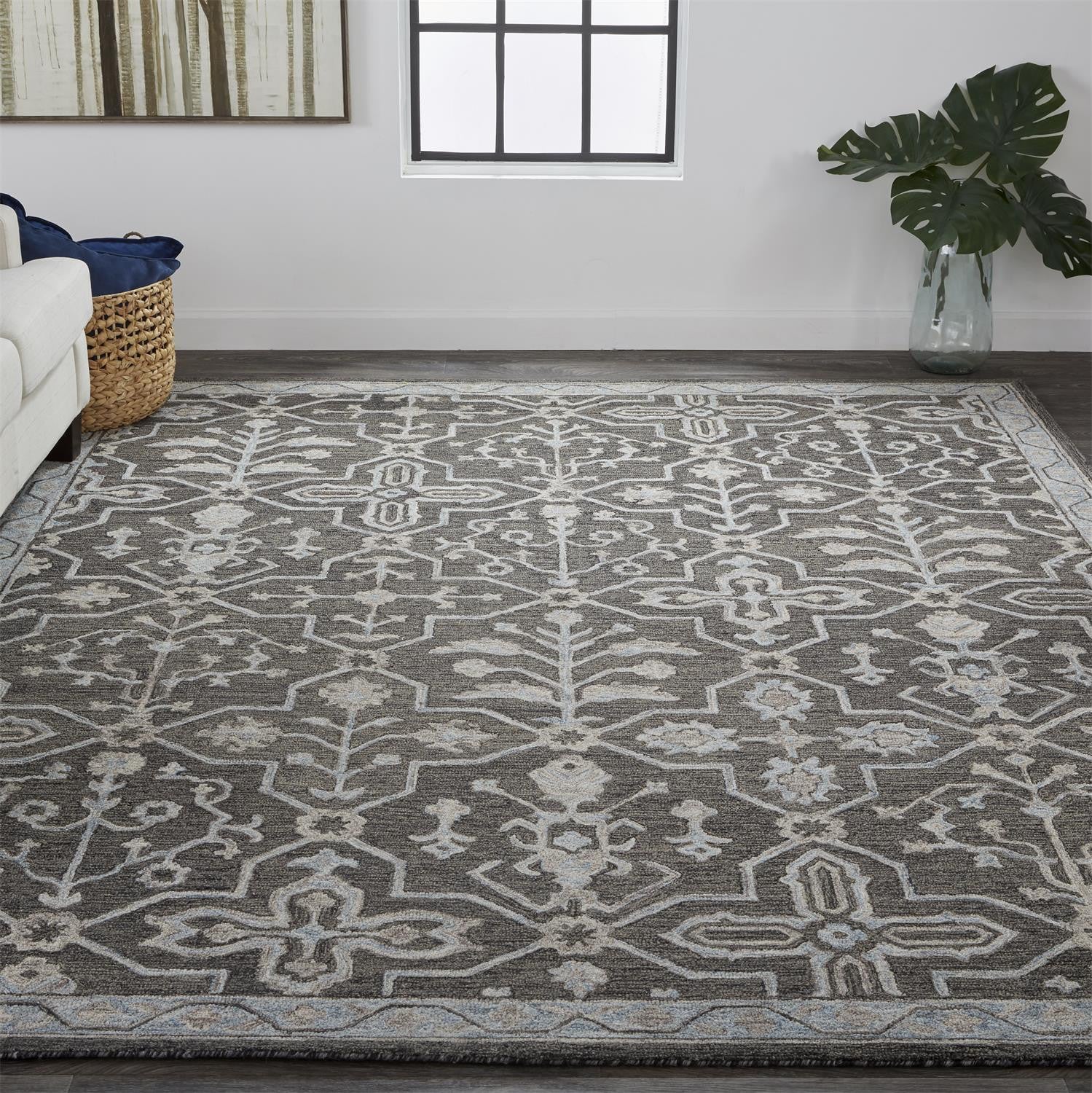 4' X 6' Blue And Gray Wool Floral Tufted Handmade Stain Resistant Area Rug