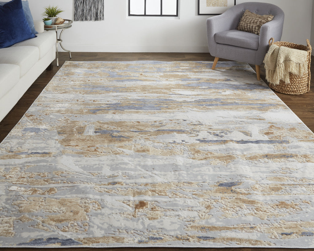 Tan Orange And Ivory Abstract Power Loom Distressed Area Rug - 4' x 6'