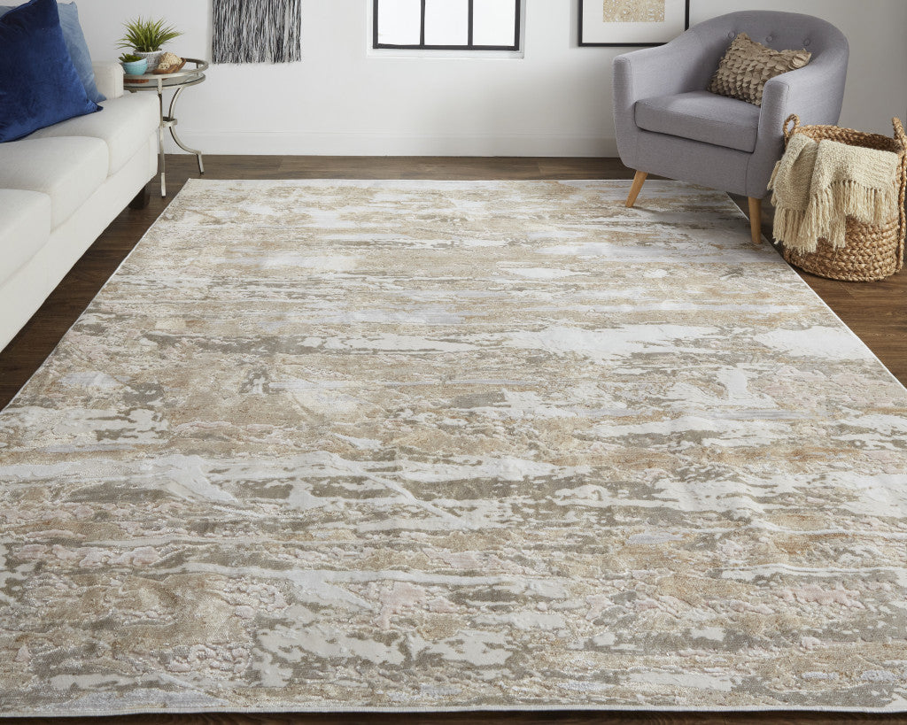 Tan Orange And Ivory Abstract Power Loom Distressed Area Rug - 4' x 6'