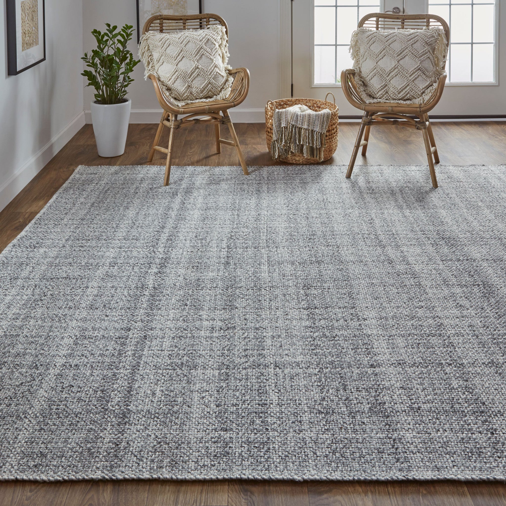 Gray Ivory And Blue Hand Woven Area Rug - 5' x 8'