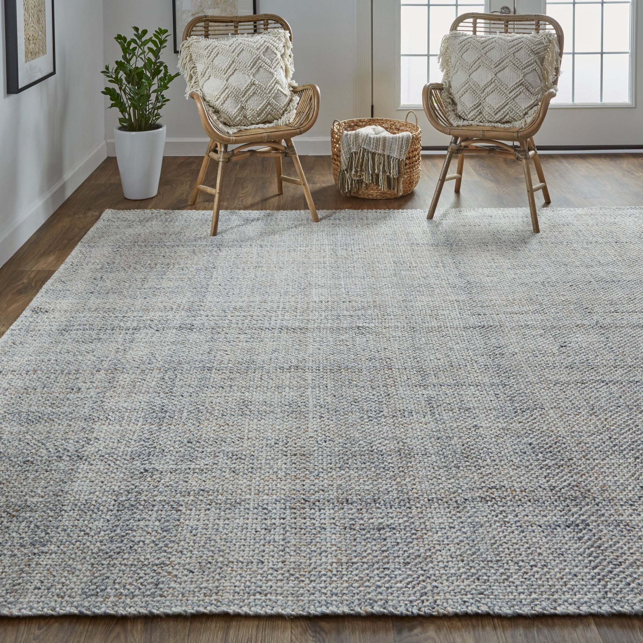 Gray Ivory And Blue Hand Woven Area Rug - 5' x 8'