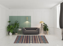 4' X 6' Blue Tan And Black Geometric Power Loom Distressed Stain Resistant Area Rug