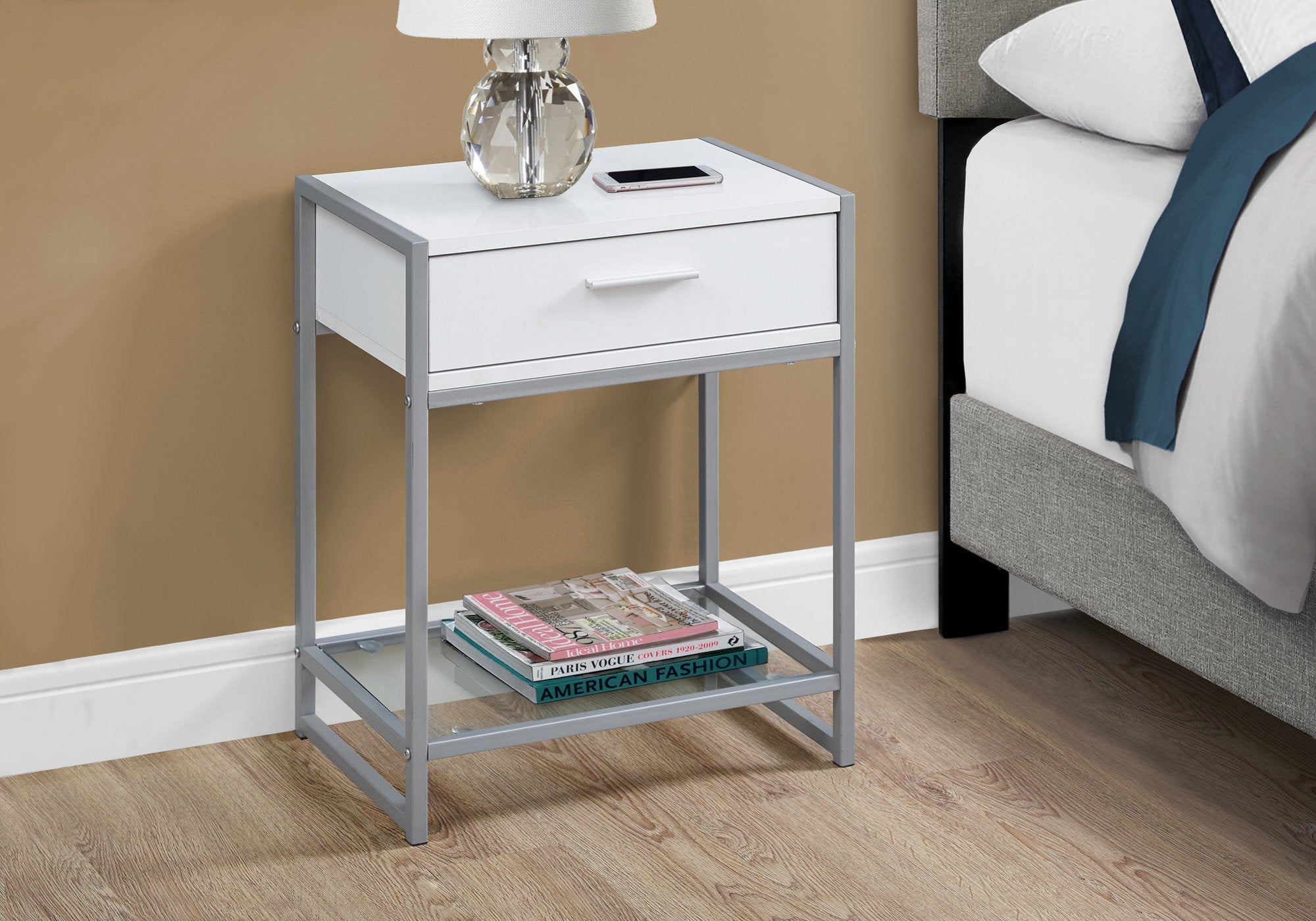 12" X 18" X 22" Grey With Black Metal Tempered Glass Accent Table